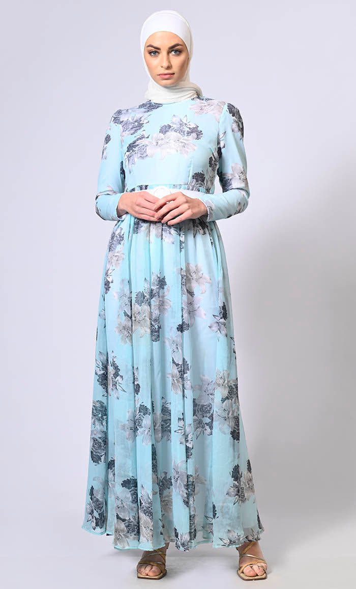 Women’s Blue Printed Pleated Flared Abaya with Belt