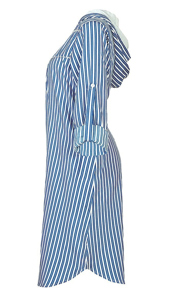 Women's Blue Stripe Printed Hooded Tunic With Pockets - EastEssence.com