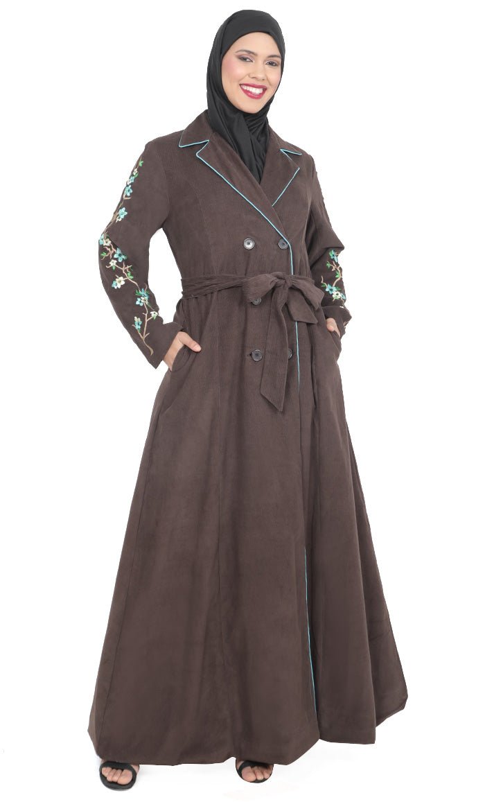 Women's Brown Button Down Embroidered Corduroy Abaya - EastEssence.com