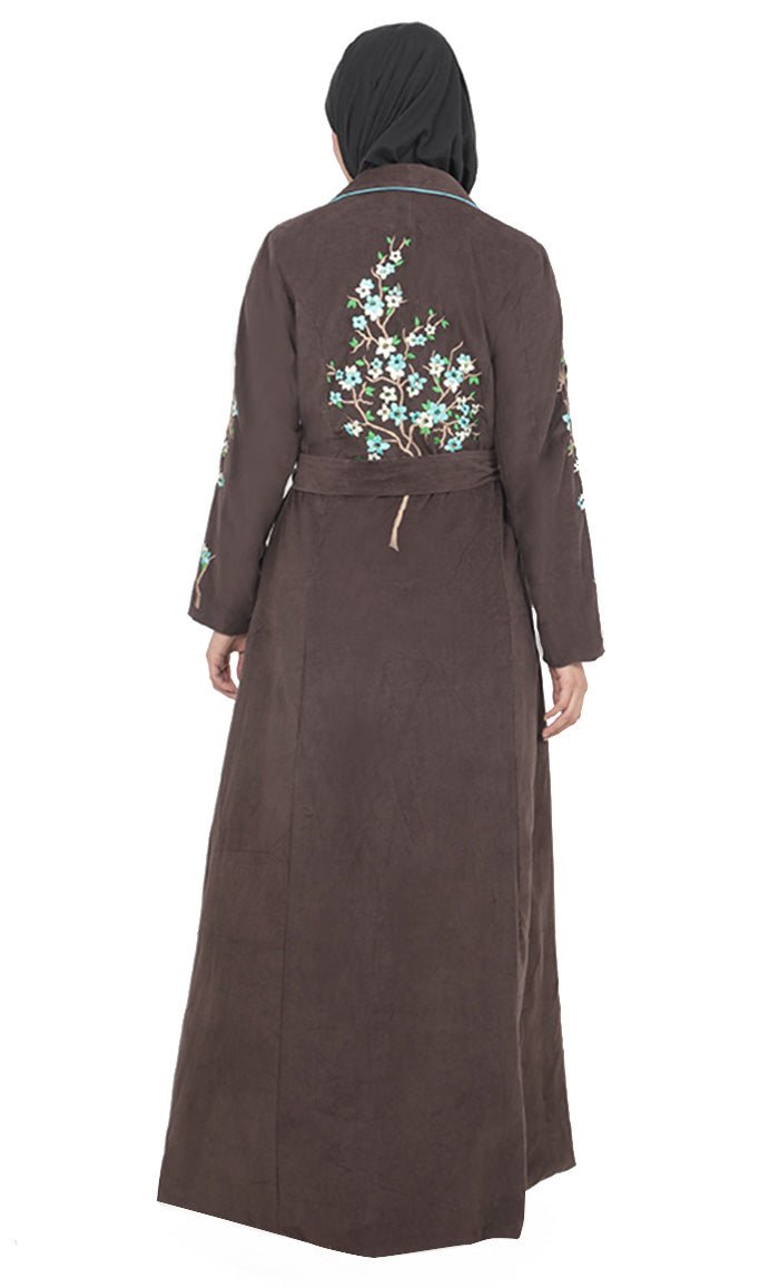 Women's Brown Button Down Embroidered Corduroy Abaya - EastEssence.com