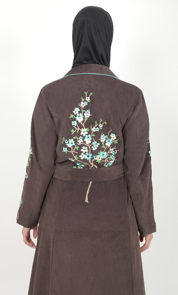 Women's Brown Button Down Embroidered Corduroy Abaya - EastEssence.com