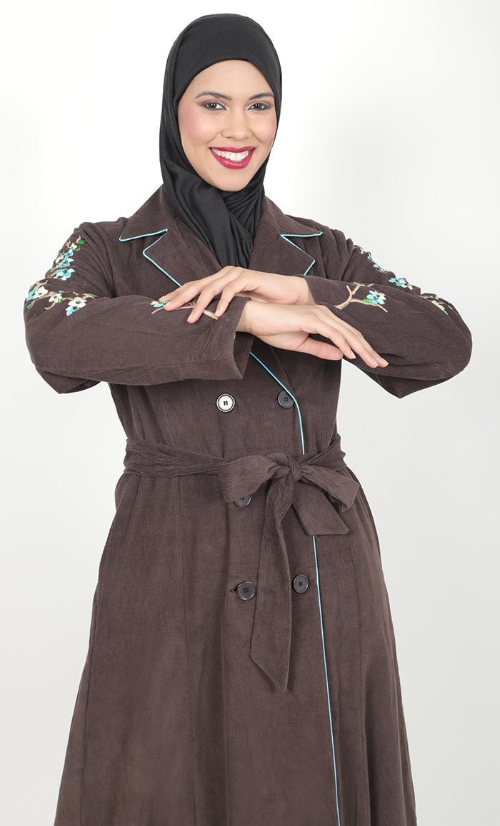 Women's Brown Button Down Embroidered Corduroy Abaya - EastEssence.com