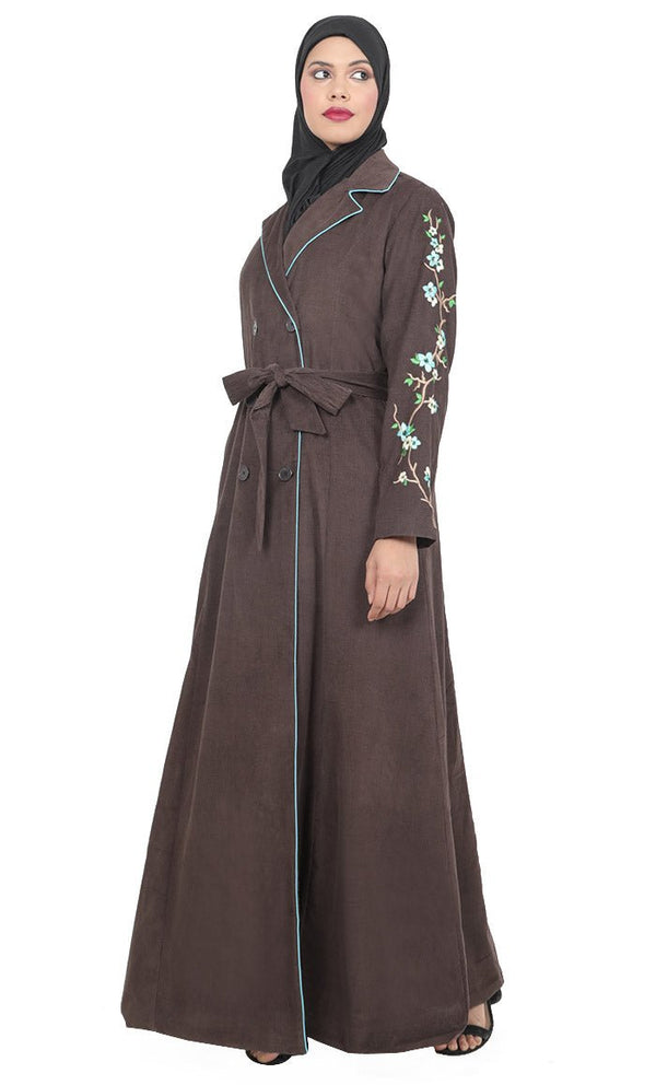 Women's Brown Button Down Embroidered Corduroy Abaya - EastEssence.com