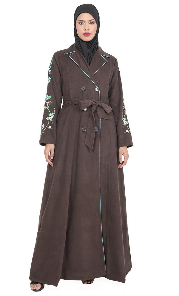 Women's Brown Button Down Embroidered Corduroy Abaya - EastEssence.com