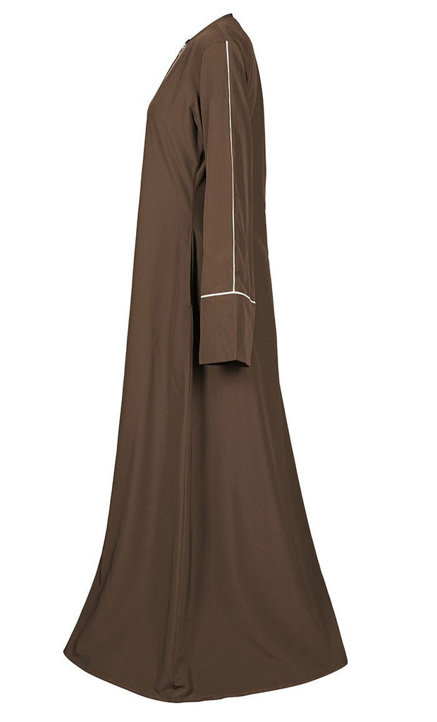 Women's Brown Front Zipper Down And White Piping Detailing Kashibo Abaya With Pockets - EastEssence.com