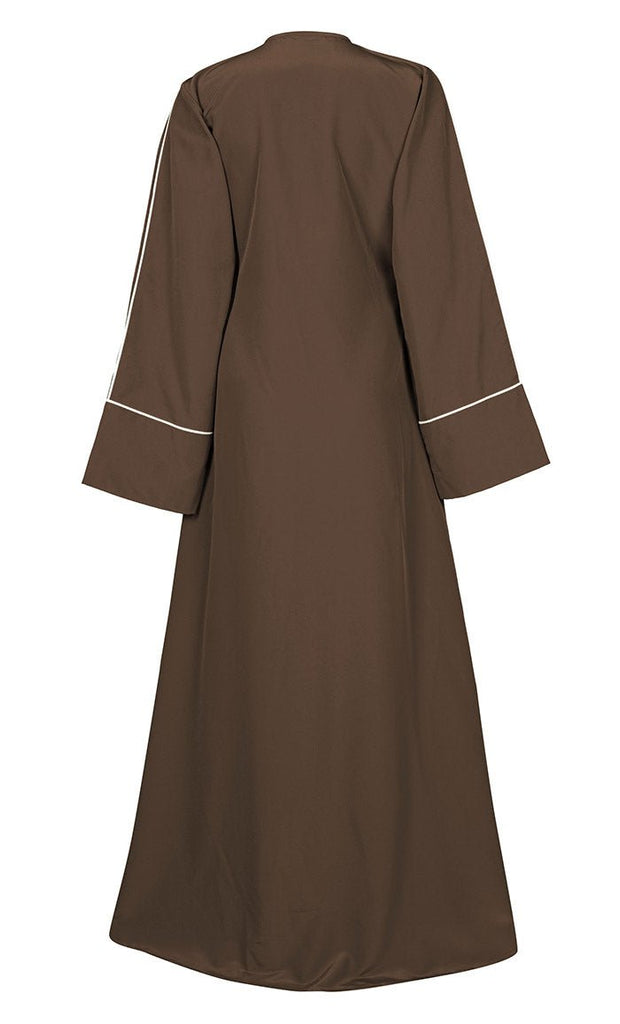Women's Brown Front Zipper Down And White Piping Detailing Kashibo Abaya With Pockets - EastEssence.com