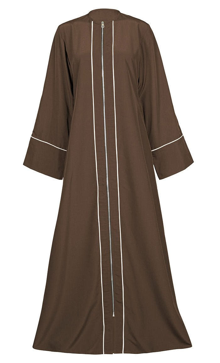 Abaya marron pour femme à fermeture éclair frontale avec passepoil blanc