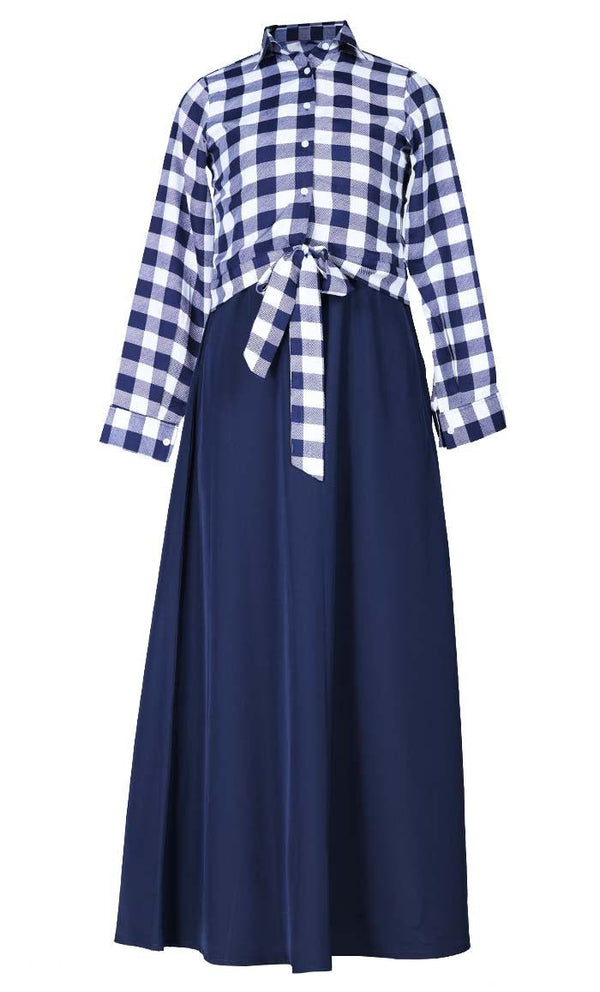 Women'S Check Printed Jacket With Blue Abaya - EastEssence.com