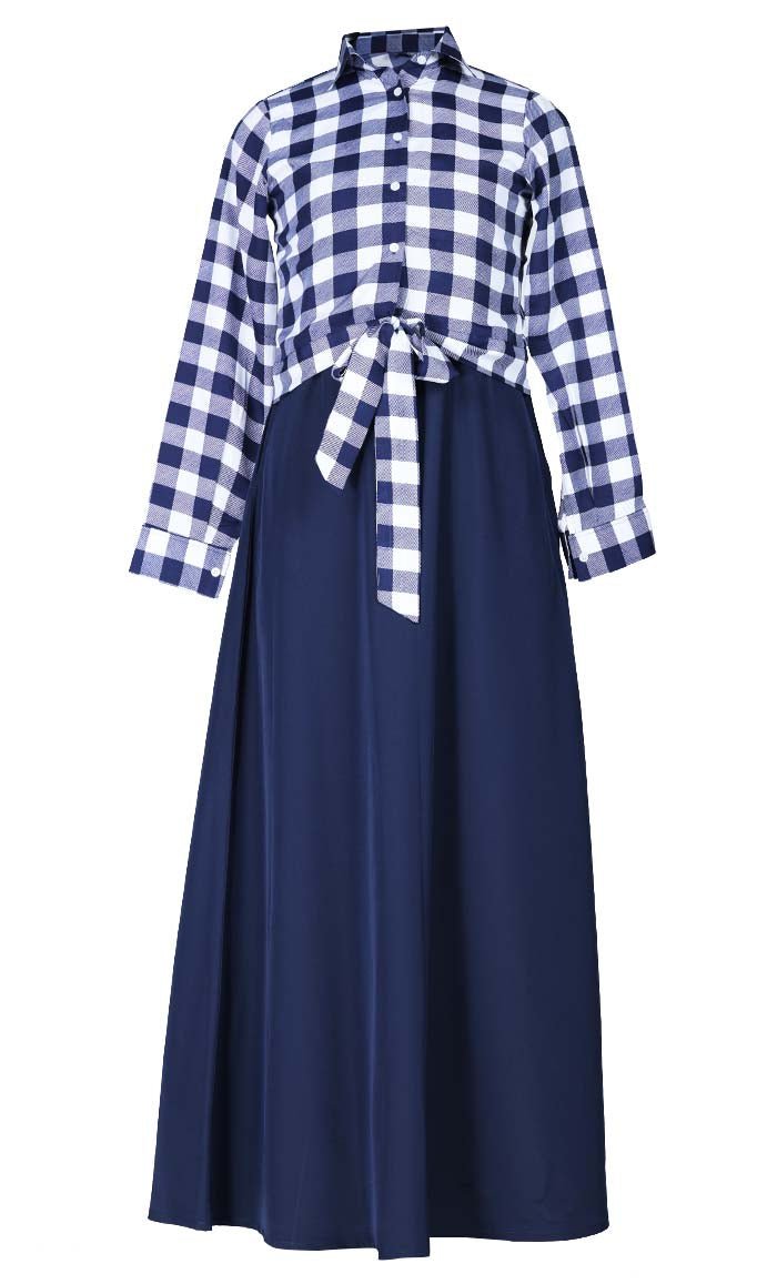 Women'S Check Printed Jacket With Blue Abaya - EastEssence.com