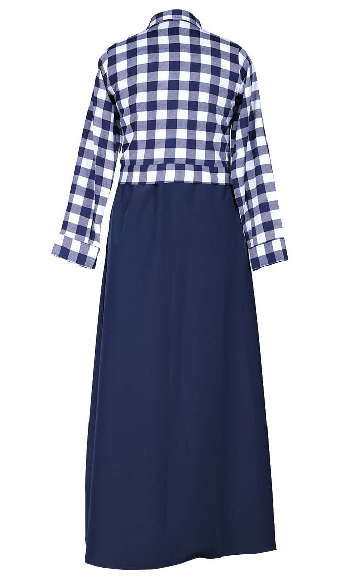 Women'S Check Printed Jacket With Blue Abaya - EastEssence.com