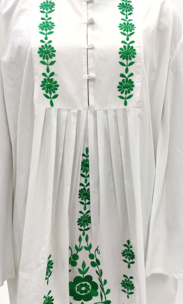 Women'S Classy White Green Embroidered Tunic - EastEssence.com