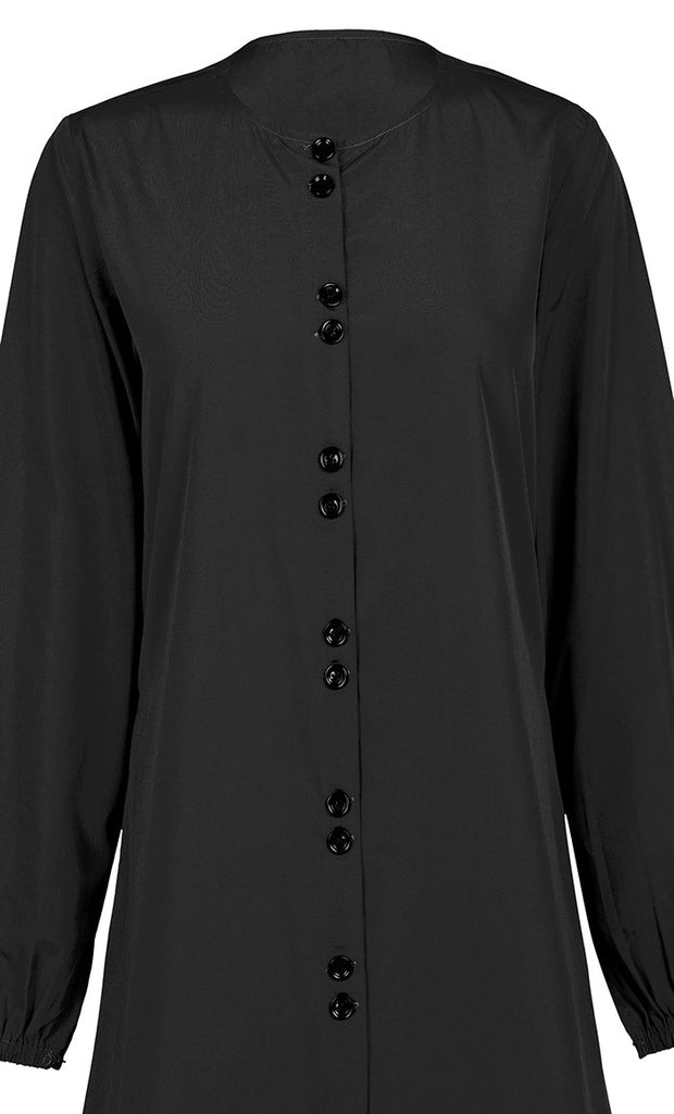 Women's Comfortable Black Kashibo Basic Button Down Abaya With Pockets - EastEssence.com