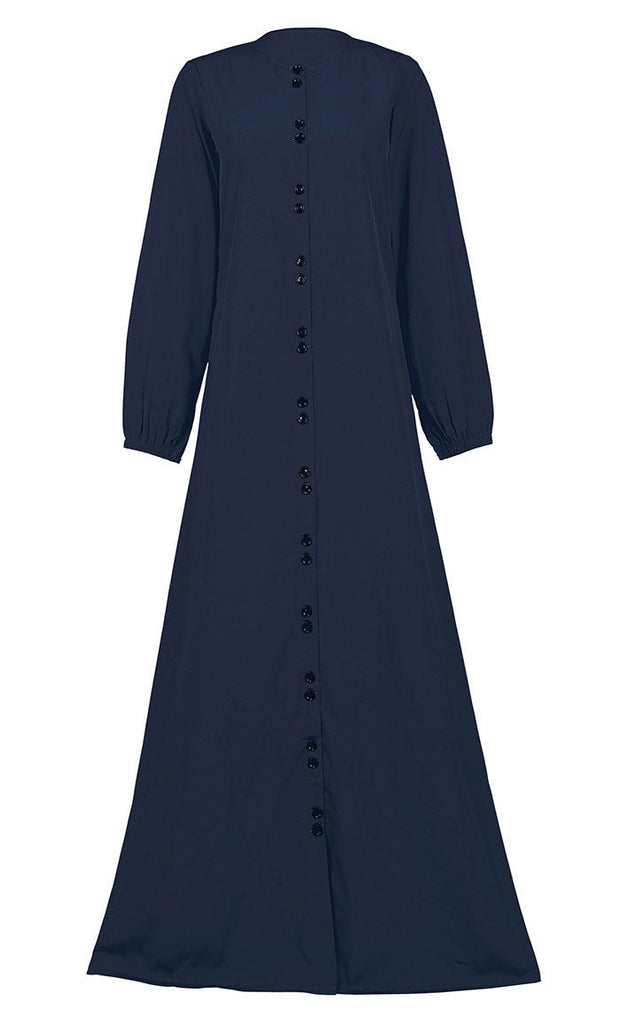 Women's Comfortable Blue Kashibo Basic Button Down Abaya With Pockets - EastEssence.com