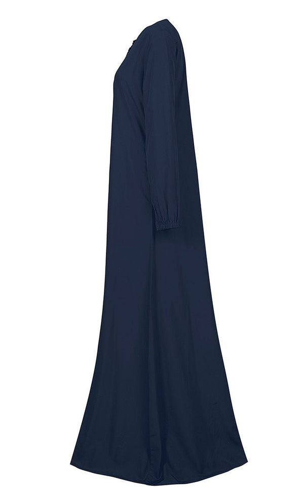 Women's Comfortable Blue Kashibo Basic Button Down Abaya With Pockets - EastEssence.com