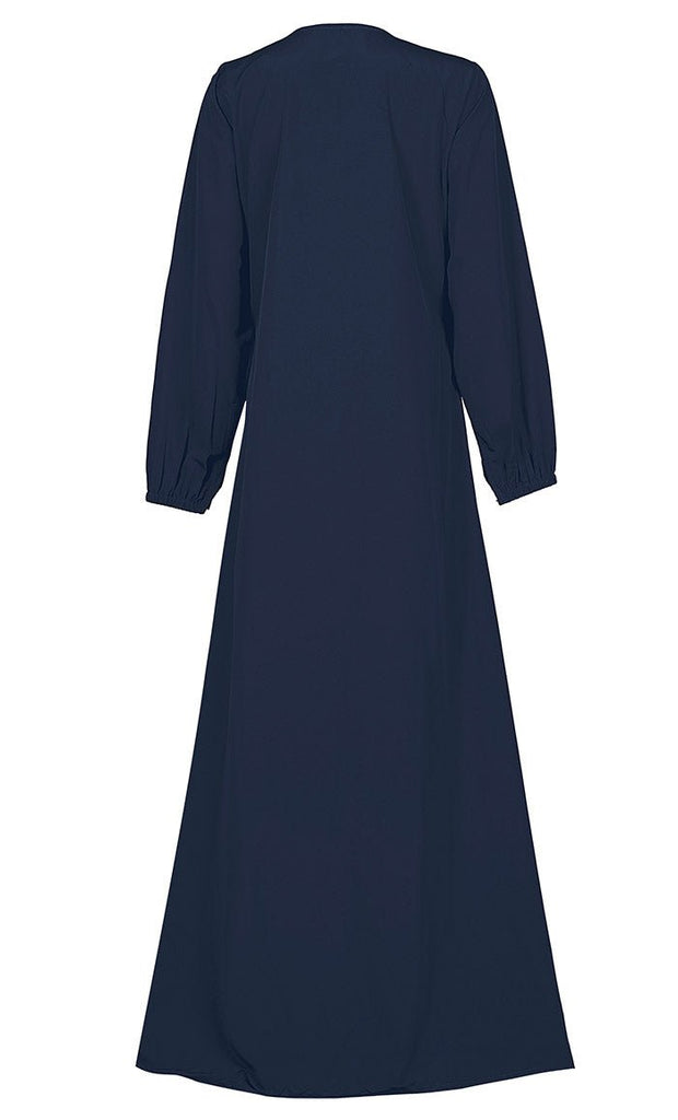 Women's Comfortable Blue Kashibo Basic Button Down Abaya With Pockets - EastEssence.com