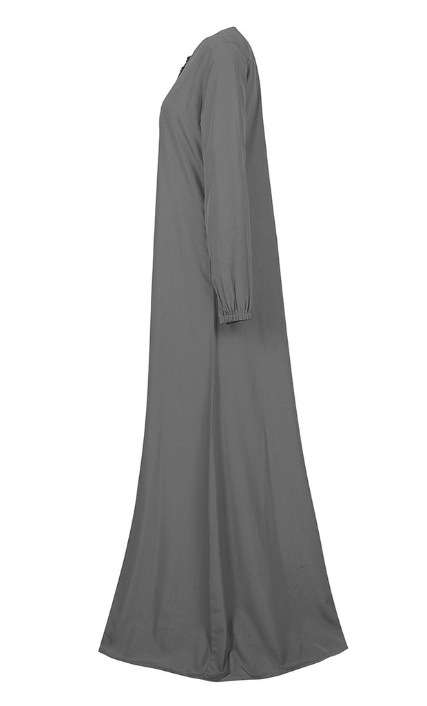 Women's Comfortable Grey Kashibo Basic Button Down Abaya With Pockets - EastEssence.com
