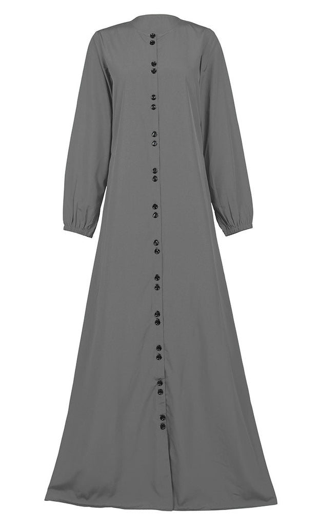 Women's Comfortable Grey Kashibo Basic Button Down Abaya With Pockets - EastEssence.com
