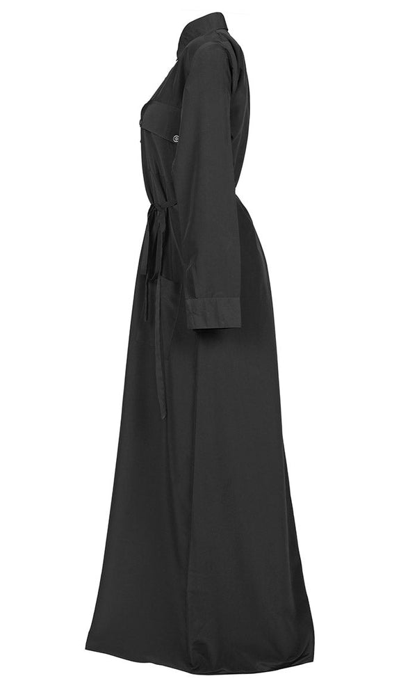 Women's Comfortable Kashibo Black Button Down Abaya With Pockets And Loose Belt - EastEssence.com