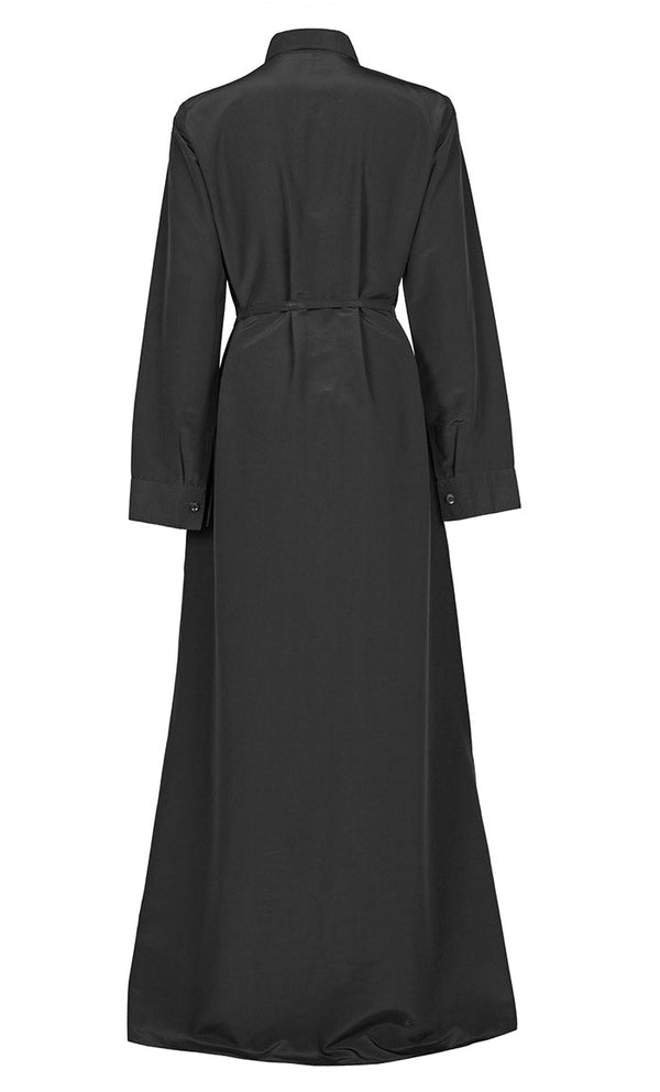 Women's Comfortable Kashibo Black Button Down Abaya With Pockets And Loose Belt - EastEssence.com