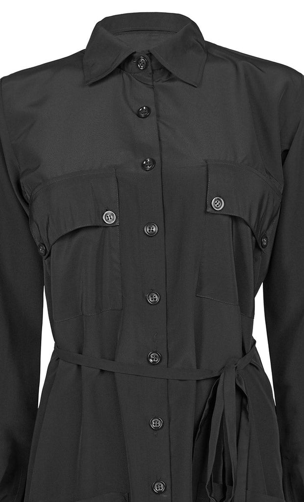 Women's Comfortable Kashibo Black Button Down Abaya With Pockets And Loose Belt - EastEssence.com