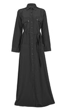 Women's Comfortable Kashibo Black Button Down Abaya With Pockets And Loose Belt - EastEssence.com