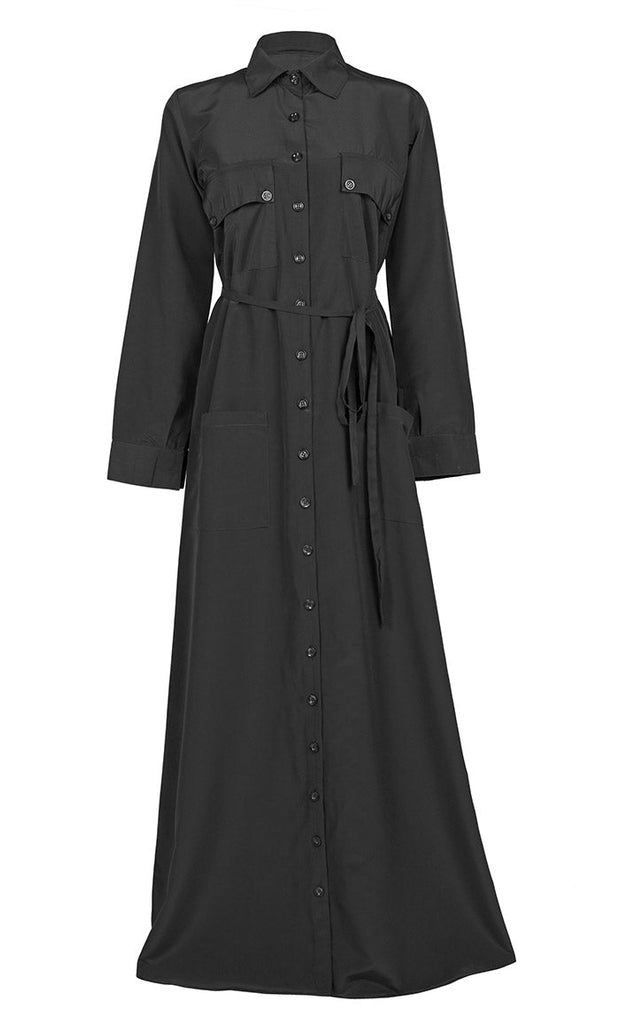 Women's Comfortable Kashibo Black Button Down Abaya With Pockets And Loose Belt - EastEssence.com