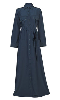 Women's Comfortable Kashibo Blue Button Down Abaya With Pockets And Loose Belt - EastEssence.com