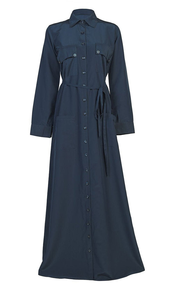 Women's Comfortable Kashibo Blue Button Down Abaya With Pockets And Loose Belt - EastEssence.com