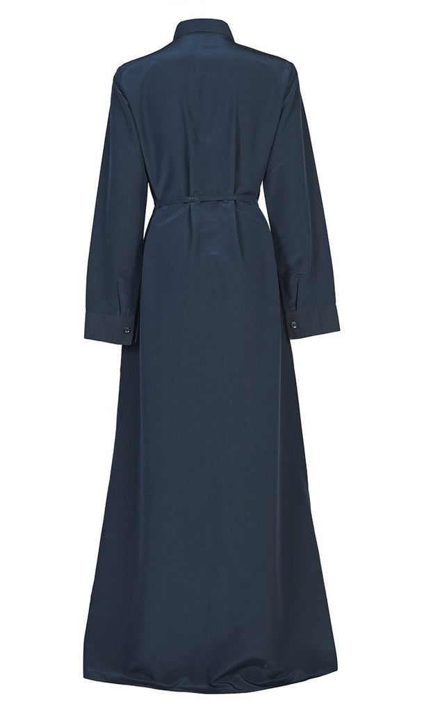 Women's Comfortable Kashibo Blue Button Down Abaya With Pockets And Loose Belt - EastEssence.com
