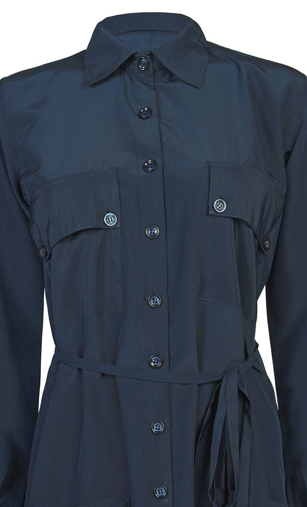 Women's Comfortable Kashibo Blue Button Down Abaya With Pockets And Loose Belt - EastEssence.com
