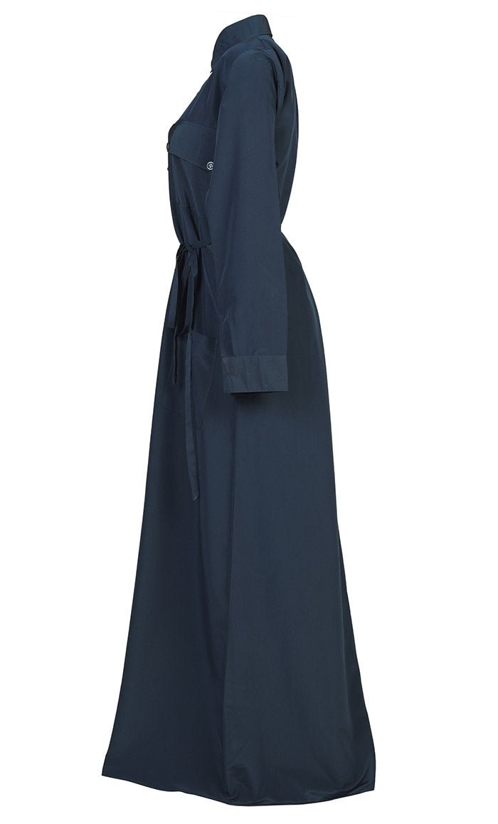 Women's Comfortable Kashibo Blue Button Down Abaya With Pockets And Loose Belt - EastEssence.com