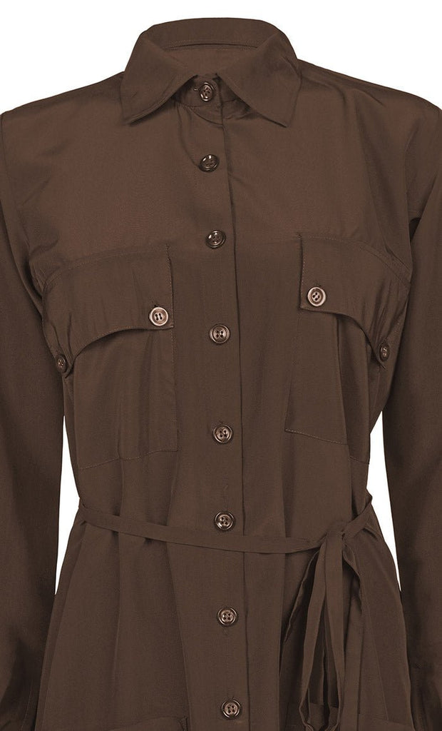 Women's Comfortable Kashibo Dark Brown Button Down Abaya With Pockets And Loose Belt - EastEssence.com