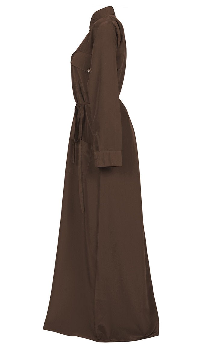 Women's Comfortable Kashibo Dark Brown Button Down Abaya With Pockets And Loose Belt - EastEssence.com