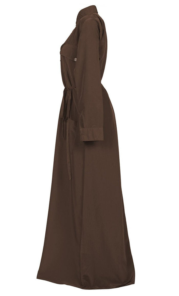 Women's Comfortable Kashibo Dark Brown Button Down Abaya With Pockets And Loose Belt - EastEssence.com