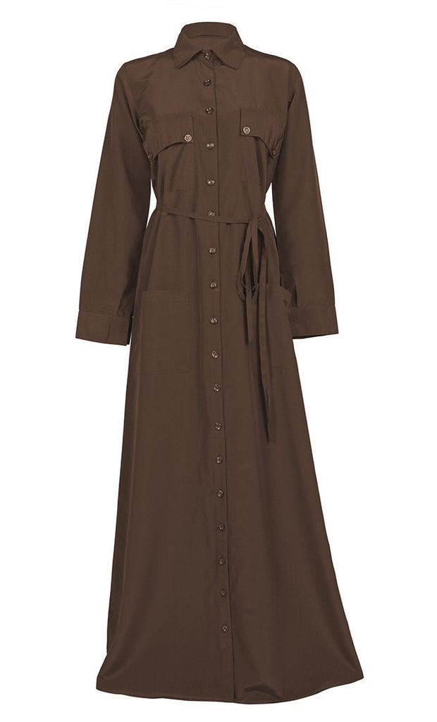 Women's Comfortable Kashibo Dark Brown Button Down Abaya With Pockets And Loose Belt - EastEssence.com