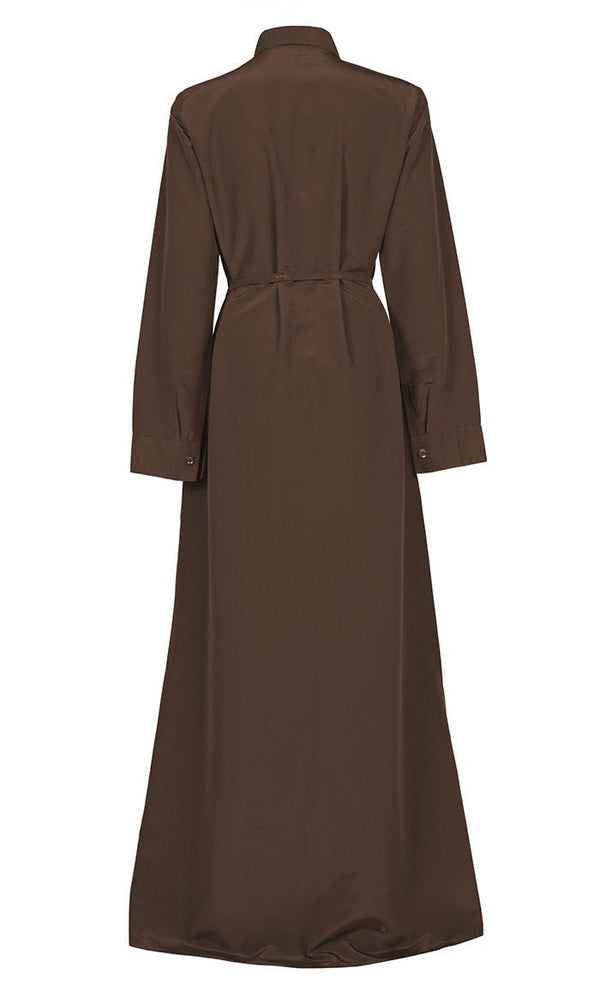 Women's Comfortable Kashibo Dark Brown Button Down Abaya With Pockets And Loose Belt - EastEssence.com