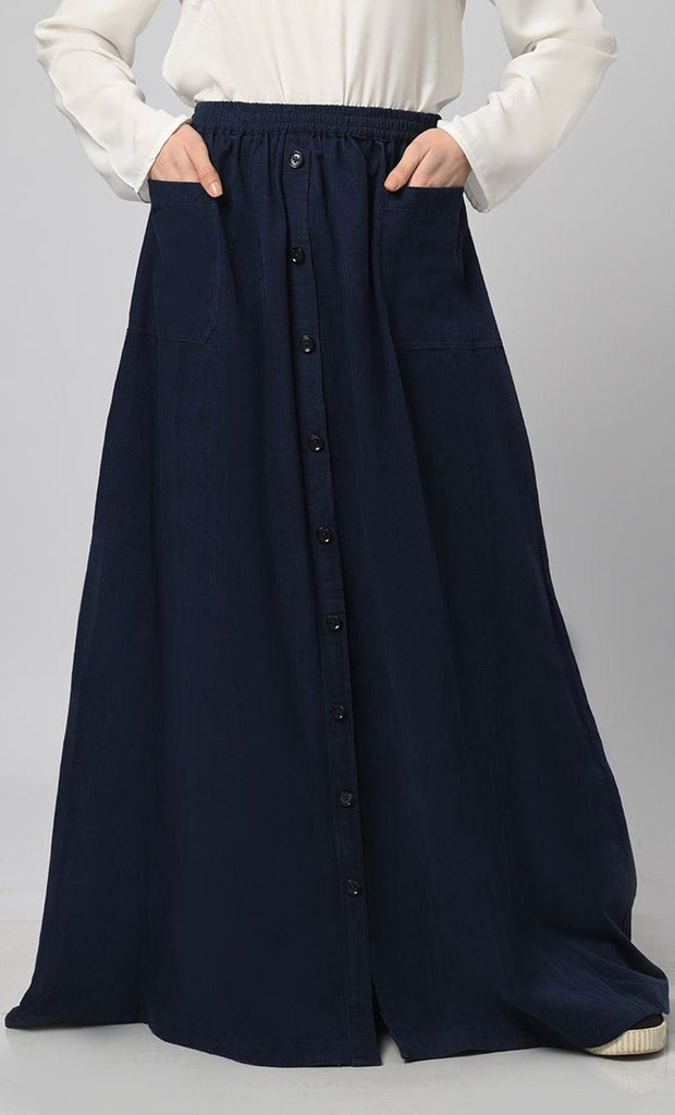 Women's Corduroy Front Button Down Skirt With Pockets - EastEssence.com