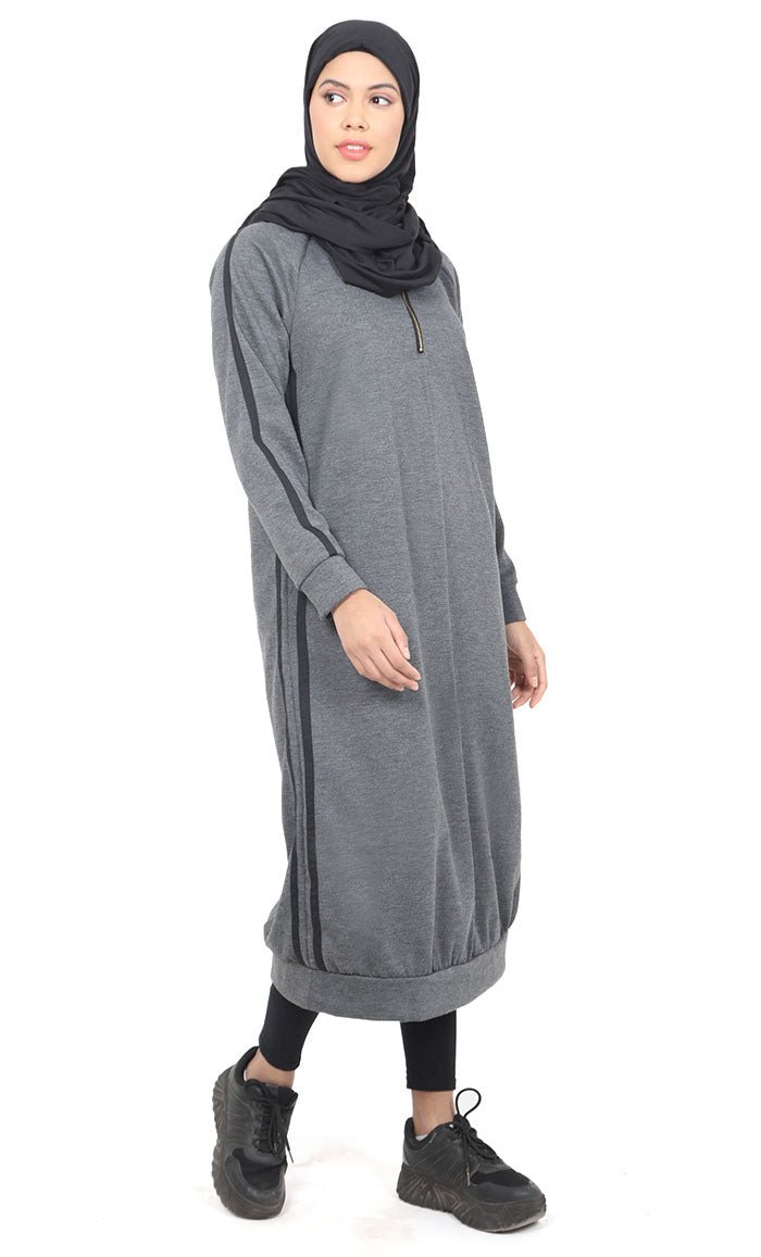 Women's Dark Grey Fleece Long Tunic With Side Contrasted Panel And Pockets - EastEssence.com