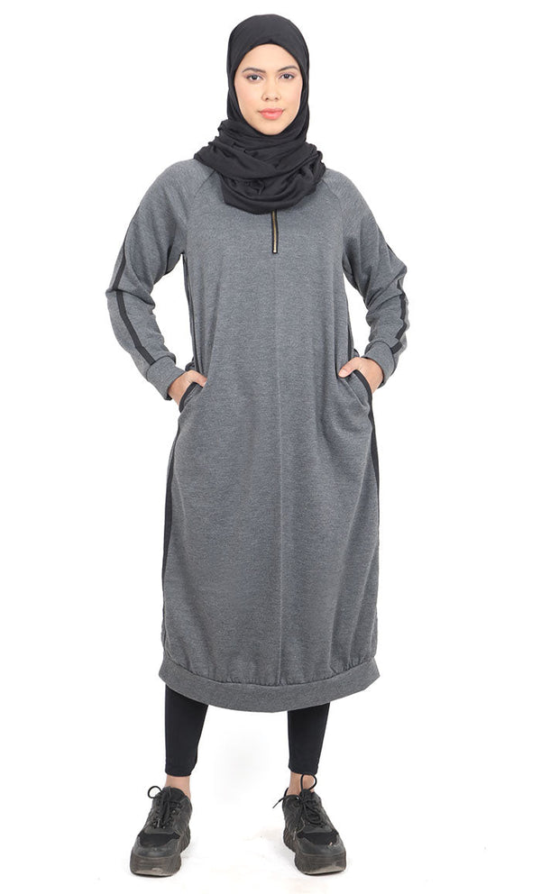 Women's Dark Grey Fleece Long Tunic With Side Contrasted Panel And Pockets - EastEssence.com