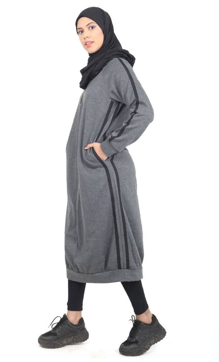 Women's Dark Grey Fleece Long Tunic With Side Contrasted Panel And Pockets - EastEssence.com