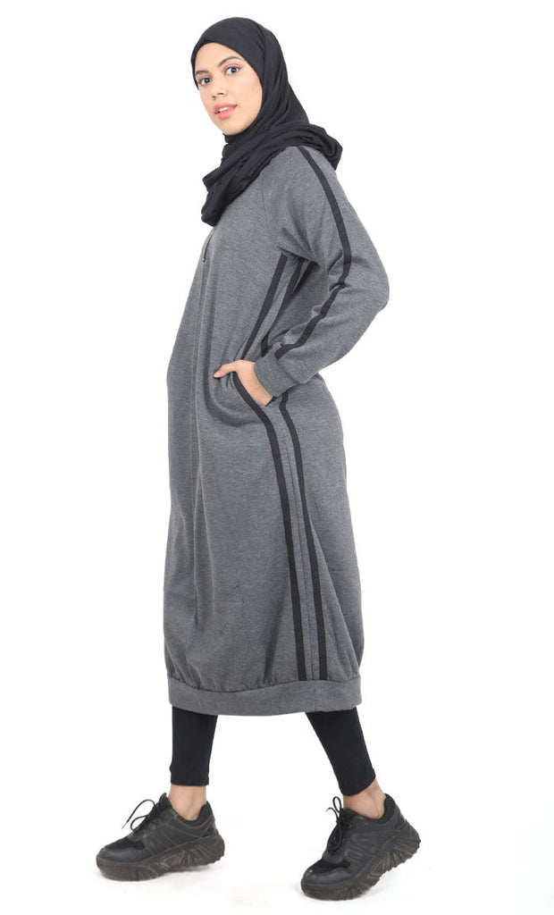 Women's Dark Grey Fleece Long Tunic With Side Contrasted Panel And Pockets - EastEssence.com