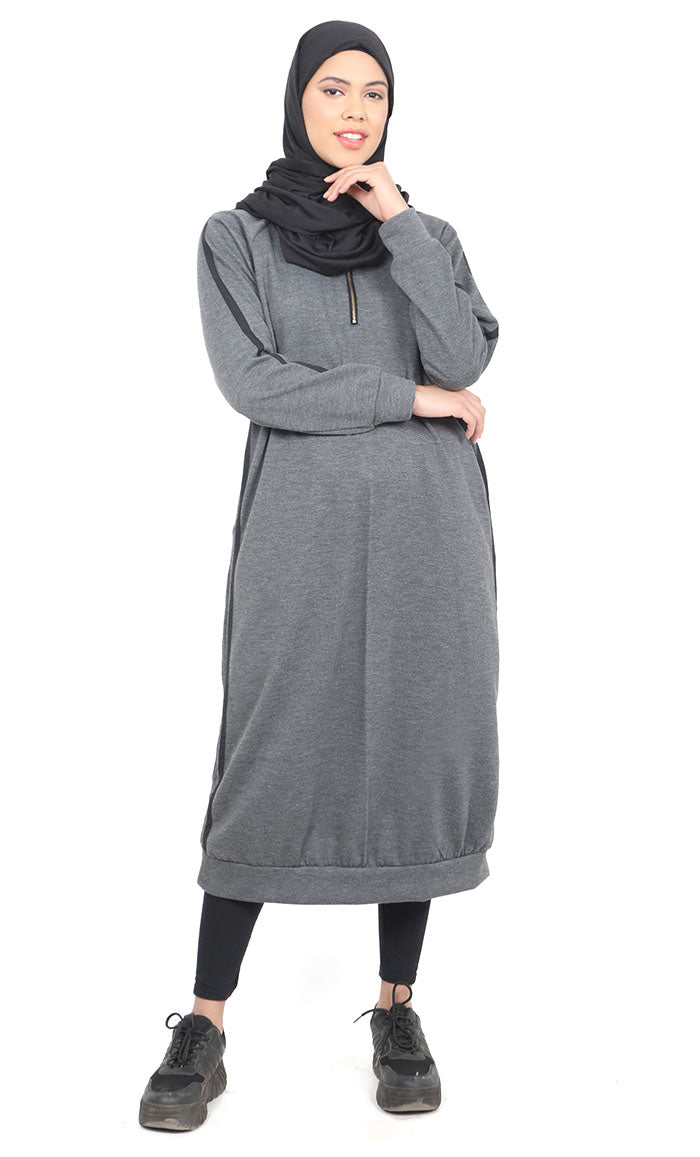 Women's Dark Grey Fleece Long Tunic With Side Contrasted Panel And Pockets - EastEssence.com