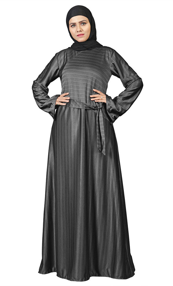 Women's Dark Grey Poly Jersey Stripe Abaya With Pockets - EastEssence.com