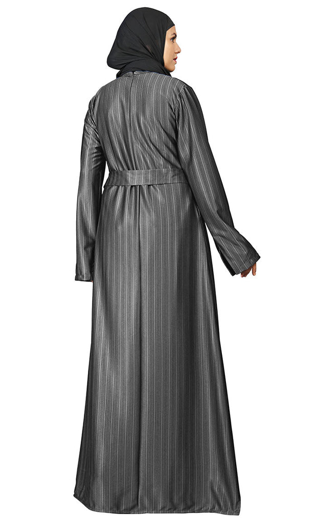 Women's Dark Grey Poly Jersey Stripe Abaya With Pockets - EastEssence.com