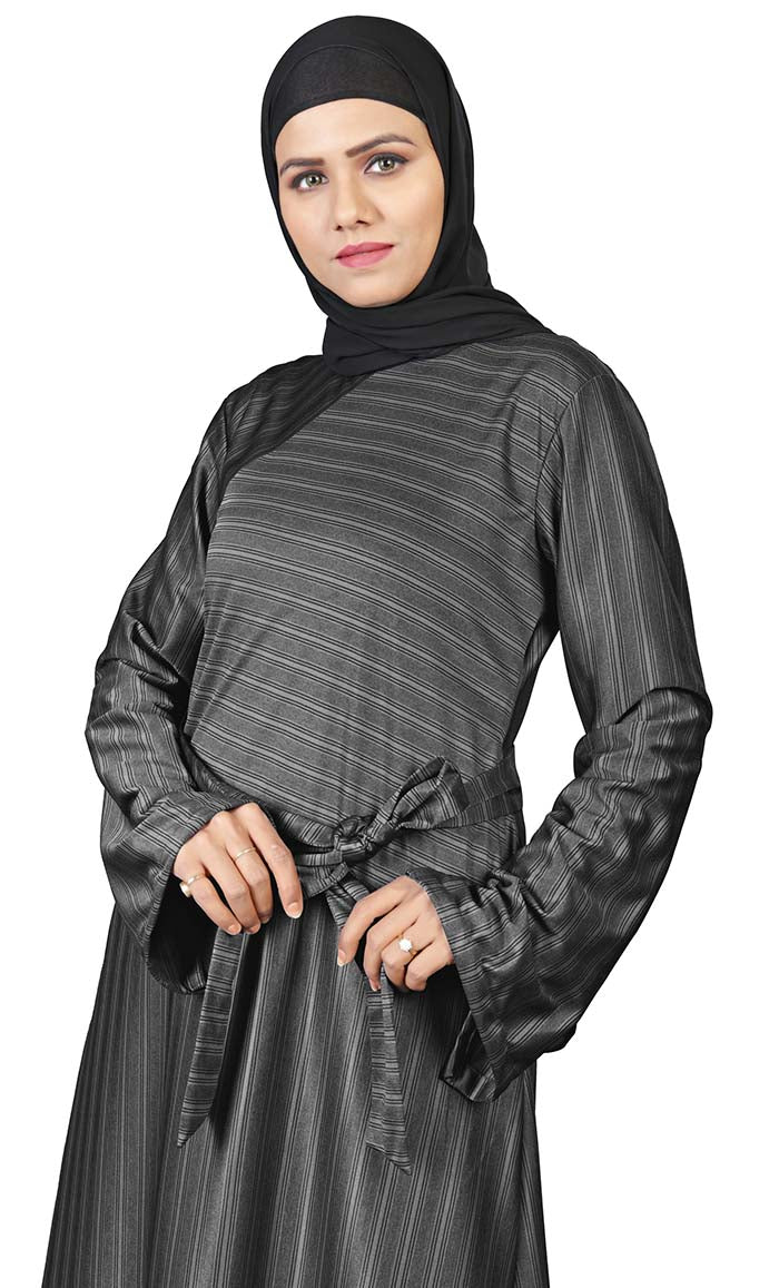 Women's Dark Grey Poly Jersey Stripe Abaya With Pockets - EastEssence.com