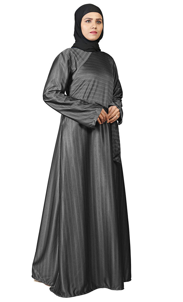 Women's Dark Grey Poly Jersey Stripe Abaya With Pockets - EastEssence.com