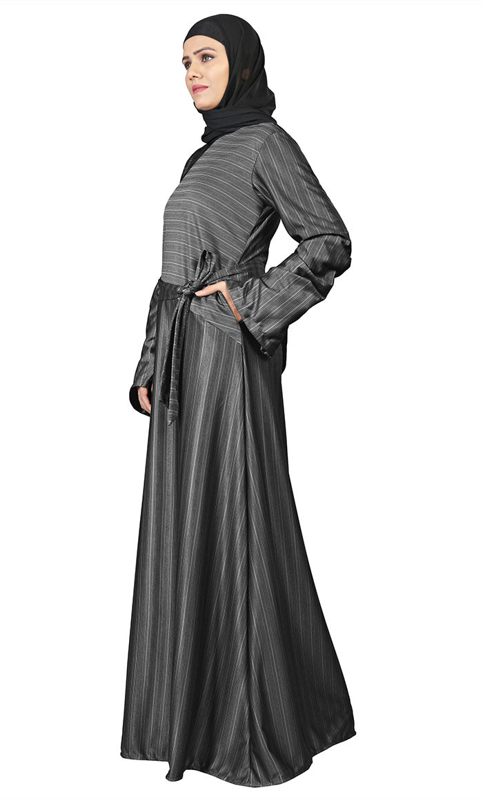 Women's Dark Grey Poly Jersey Stripe Abaya With Pockets - EastEssence.com