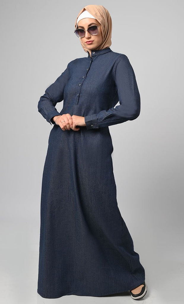 Women's Front Button Detailing Denim Abaya With Pockets Included - EastEssence.com