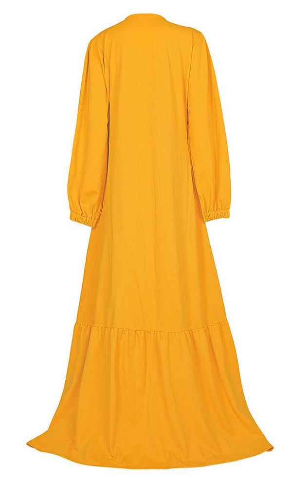 Women's Front Button Yellow Warm Pantroma Abaya With Pockets - EastEssence.com