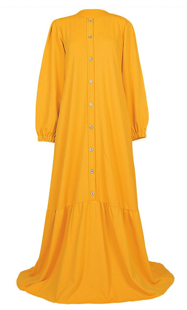 Women's Front Button Yellow Warm Pantroma Abaya With Pockets - EastEssence.com